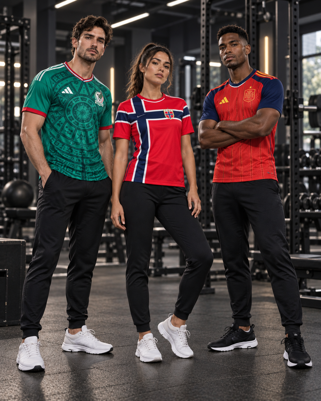 Three models wearing Mexico, Norway and Spain football jerseys in a modern gym