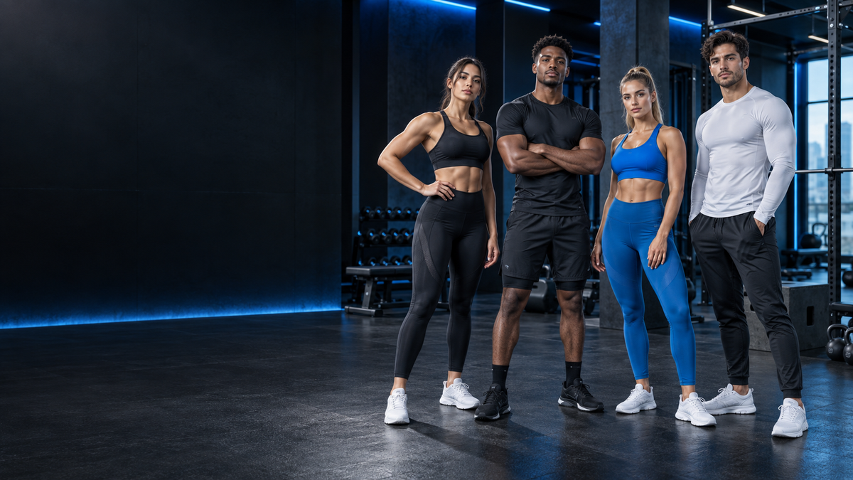 KOVIQ unisex activewear campaign with two women and two men